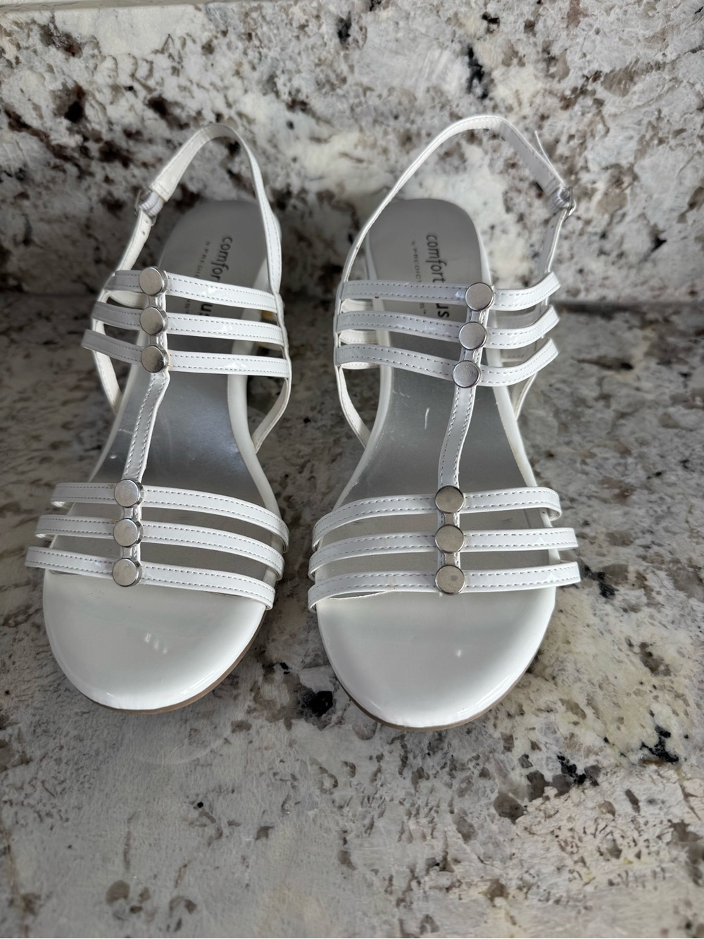 comfort plus by Predictions White Strappy Wedge Sandals with Silver Studs
